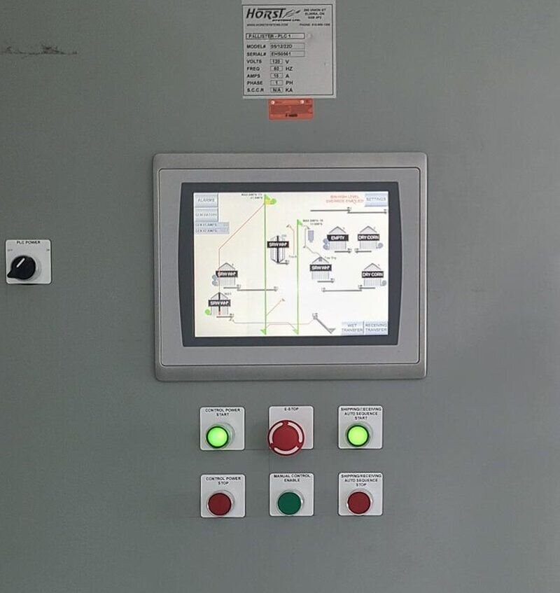 PLC control system screen for automated grain handling